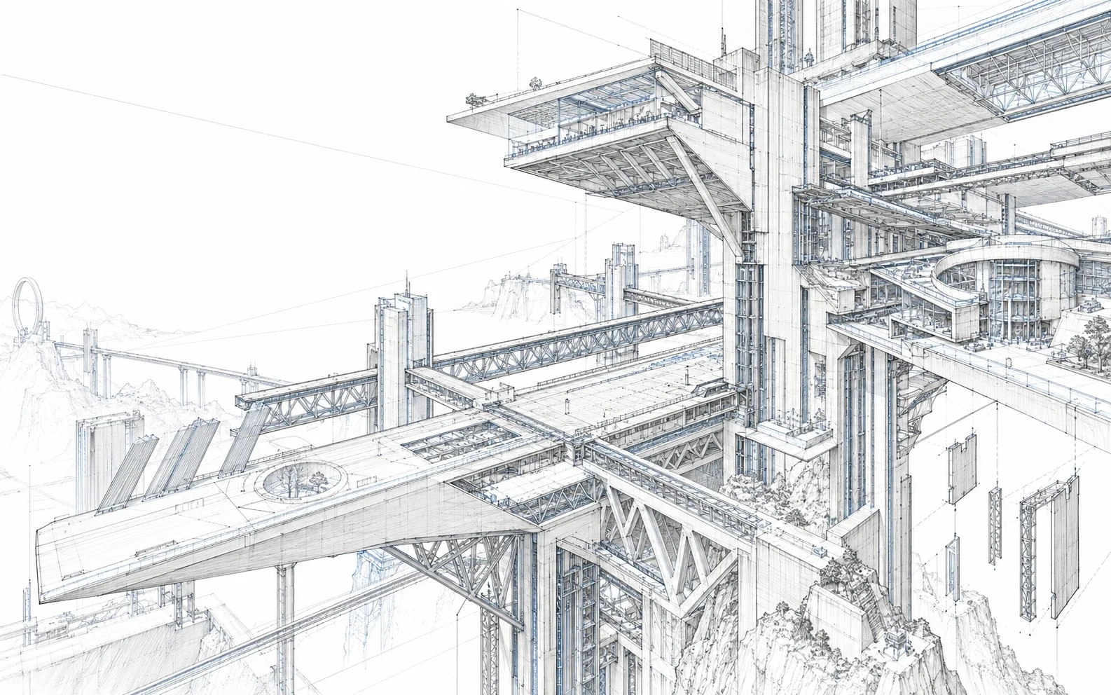 概念建筑线稿:跨越画面的悬挑结构、桁架与研究空间
